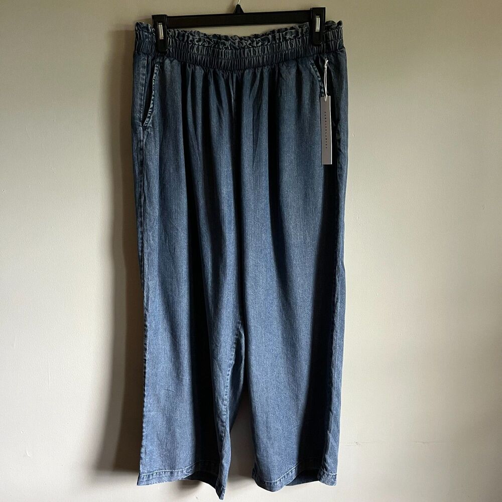 Jane + Delancey Wide-Leg Relaxed Fit Pants Women 1X Chambray Blue Elastic Waist